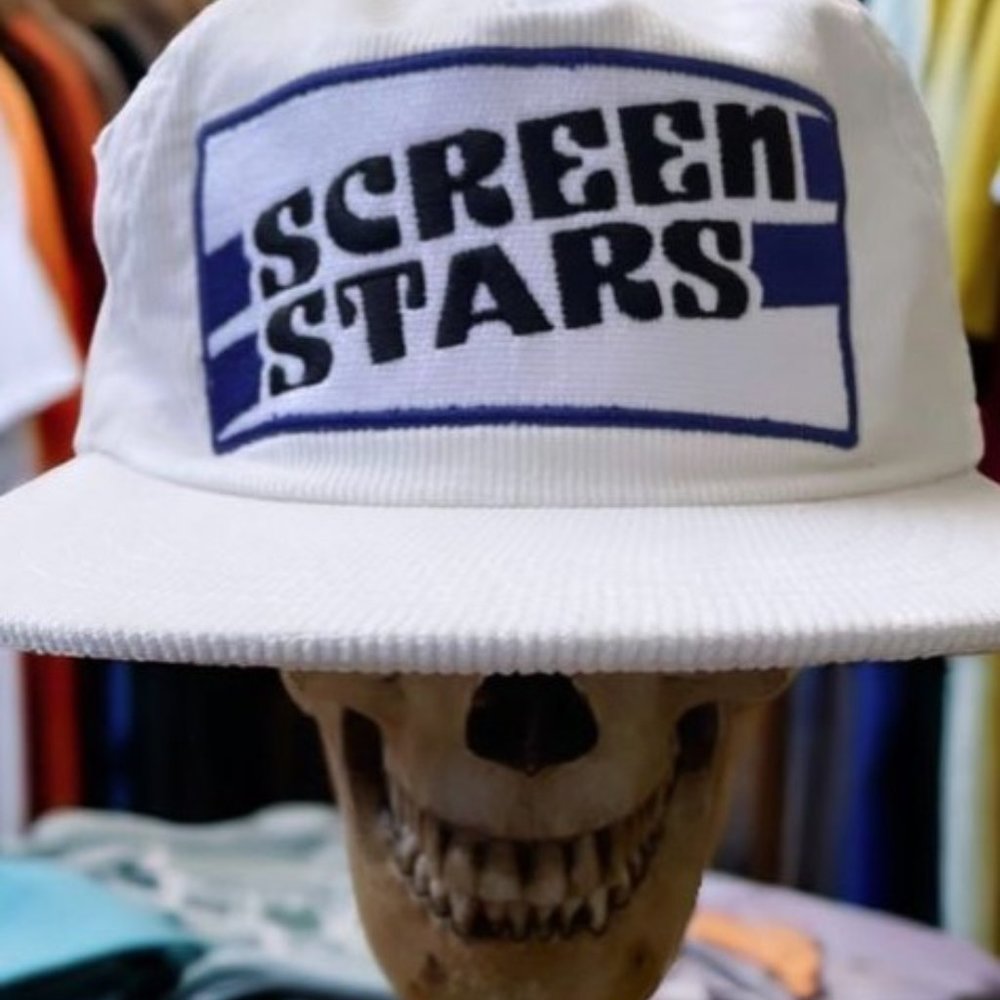 Corduroy Snap Back Hat Screen Stars Tag Vintage Display White Retro Cap Trucker